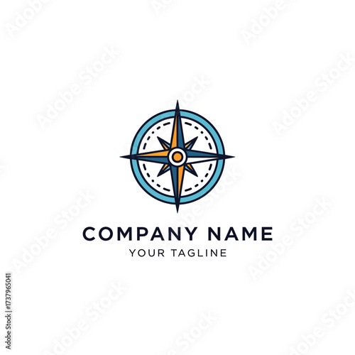 A stylized compass rose logo design, featuring a central star element, surrounded by a circular border, and company branding.