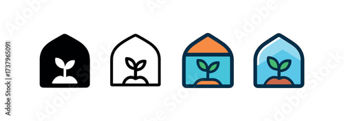 Vector icon greenhouse four styles black solid glyph outline minimal flat multicolor filled cartoon flat shaded.