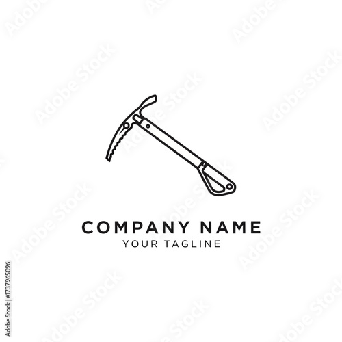 Minimalist line art illustration of an ice axe, suitable for a logo or graphic element.