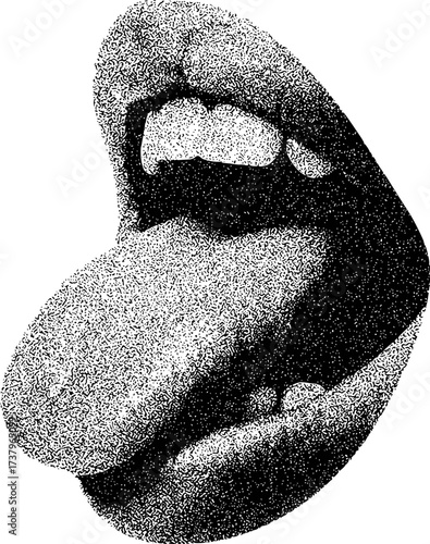 Close-up stippled illustration of a mouth with tongue sticking out