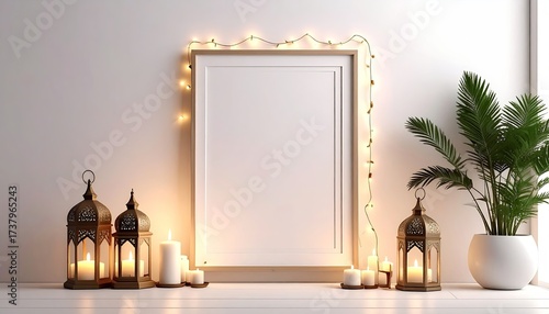 Blank frame & lamps decoration, in living room, near plant with a window background