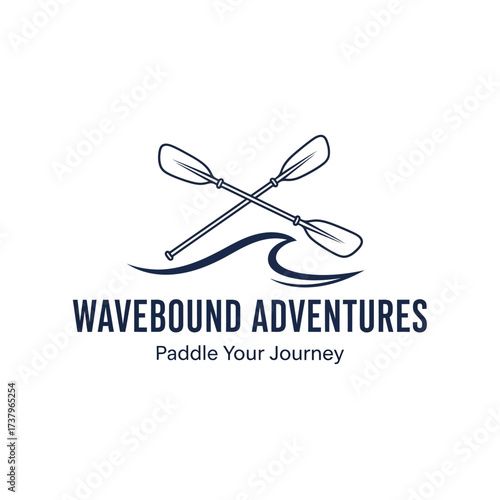 A minimalist logo for Wavebound Adventures featuring two crossed paddles above a stylized wave.