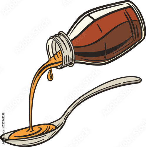 Brown liquid medicine pouring from a bottle into a spoon for dosage