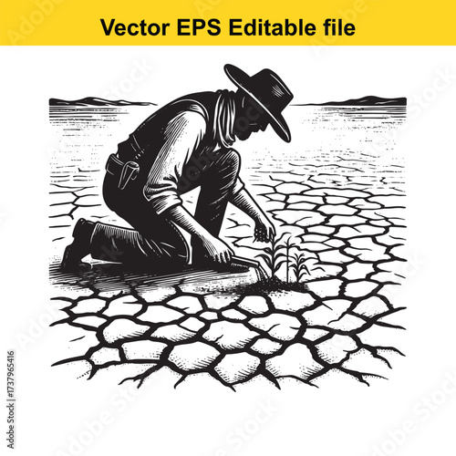 Vector art of farmer planting a seedling in dry cracked earth