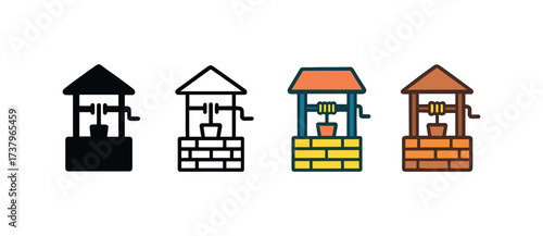 Vector icon water well four styles black solid glyph outline minimal flat multicolor filled cartoon flat shaded.