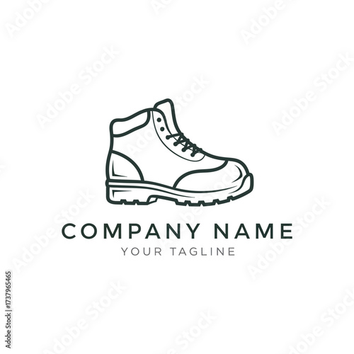A minimalist black line art logo design of a sturdy work boot or hiking shoe.