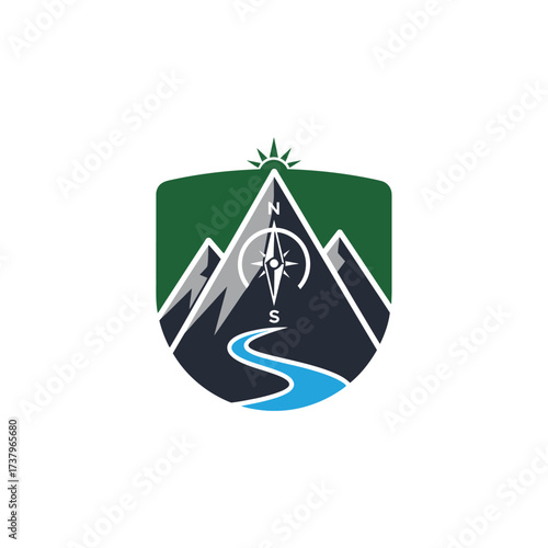 Emblematic logo featuring a stylized mountain range with a winding river and a compass, representing adventure and exploration.