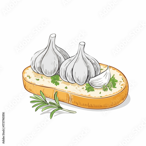 Illustration of garlic cloves and bulbs on a slice of toasted bread with herbs.