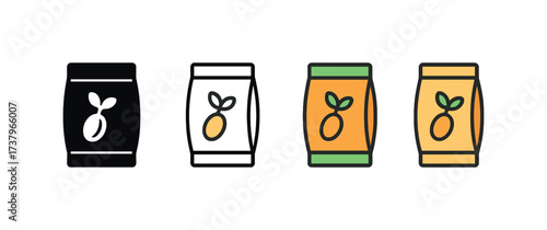 Vector icon seed packet four styles black solid glyph outline minimal flat multicolor filled cartoon flat shaded.