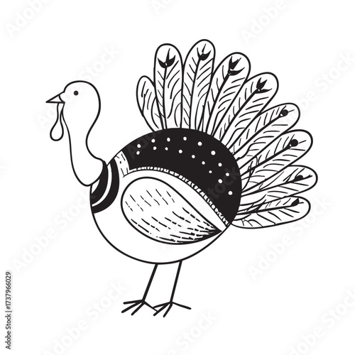 A stylized, round turkey with large, patterned tail feathers.