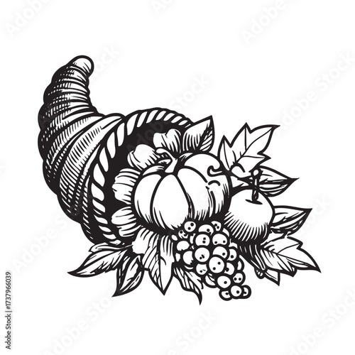 A black and white sketch of a cornucopia filled with produce.