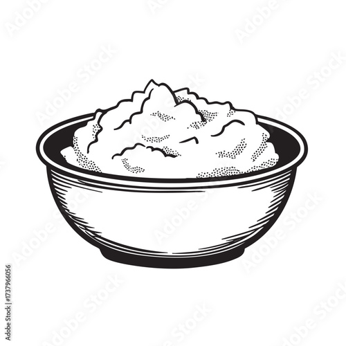  A black and white sketch of a full bowl of mashed potatoes.