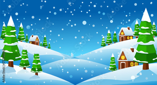 Idyllic winter village background with falling snow and ample empty space, perfect for festive messages. Charming digital illustration