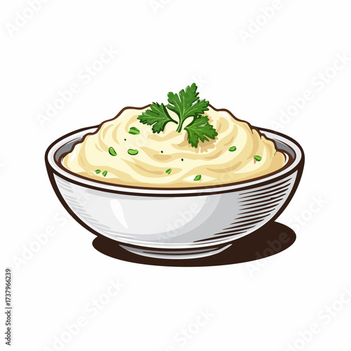 A cartoon illustration of a white bowl filled with creamy mashed potatoes, garnished with fresh green parsley, on a white background.