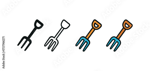 Vector icon manure fork four styles black solid glyph outline minimal flat multicolor filled cartoon flat shaded.