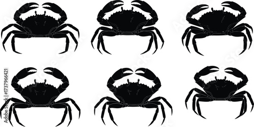 Silhouette crab illustration, black crab design, marine animal outline, seafood symbol, crustacean artwork, ocean life pattern, fishing concept, nautical graphic