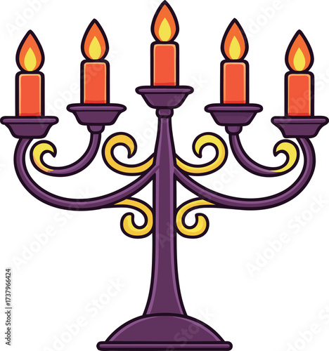 Vector art of five lit orange candles on a purple candelabra with ornate gold accents