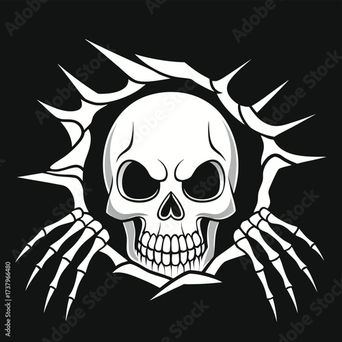 Vector art of a menacing skull with sharp thorns and skeletal hands emerging from the sides, set against a stark