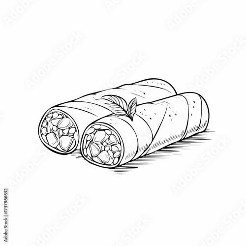 Hand-drawn sketch of two spring rolls or burritos, cut in half, showing the filling, with a small leaf garnish on top.