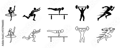 Gym and fitness silhouette icon set. Weightlifting, running, Exercise, Gymnastics outline vector.