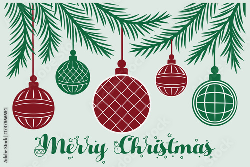 Merry Christmas hangs above ornaments with pine boughs completing the holiday artwork