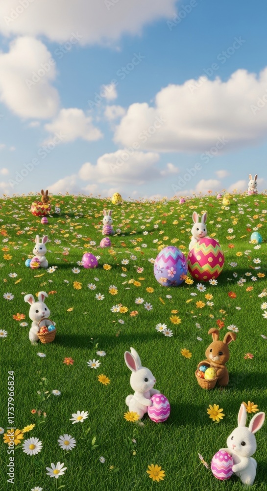 Naklejka premium Festive Easter celebration with bunny figures on a whimsical floral hillscape