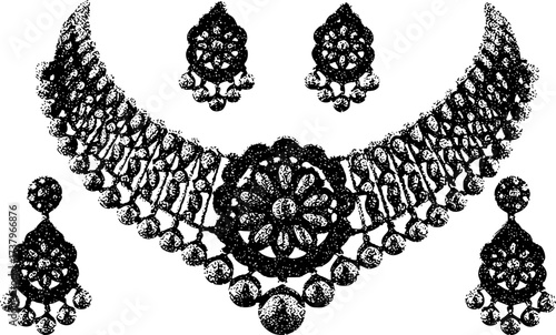 Ornate Black and White Illustration of a Necklace and Matching Earrings Set