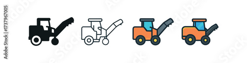 Vector icon road milling machine four styles black solid glyph outline minimal flat multicolor filled cartoon flat shaded.
