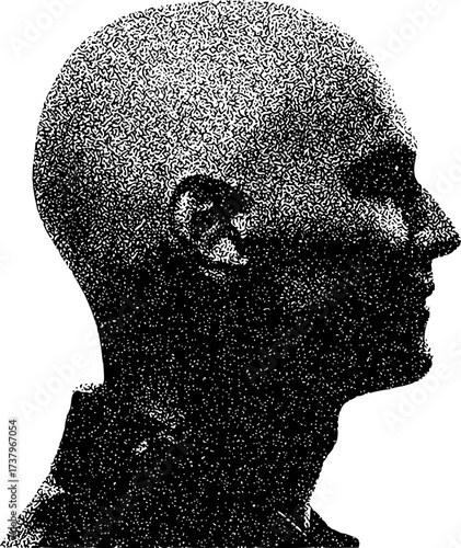 Silhouette of a bald man's head in profile, rendered with stippling and shading