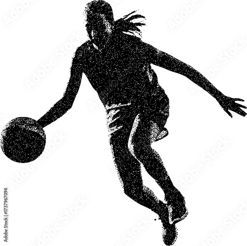 Silhouette of a basketball player dribbling the ball in mid-air