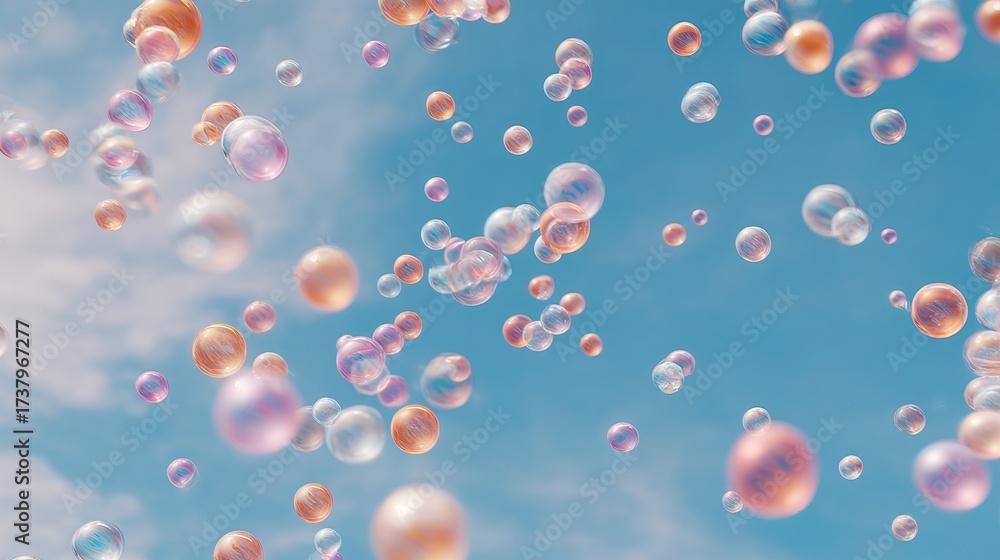 Fototapeta premium Colorful bubbles flying in sky background during pop music festival celebration. Joyful atmosphere with transparent spheres reflecting light for party concepts and entertainment events