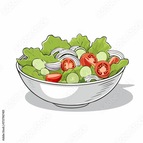 A vibrant and fresh green salad in a white bowl, featuring crisp lettuce, ripe tomatoes, cool cucumbers, and sharp onions, ready for a healthy meal.