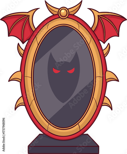Vector art of a spooky oval mirror with bat wings and a demonic reflection, isolated on a