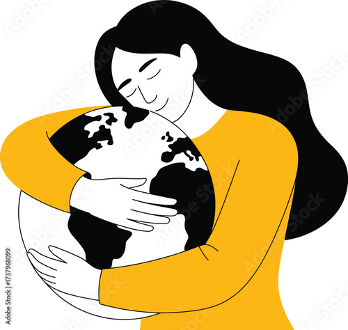 Woman tenderly embracing the planet Earth with a peaceful expression.