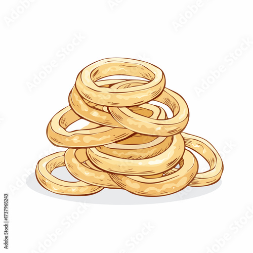 Illustration of a stack of golden fried onion rings.