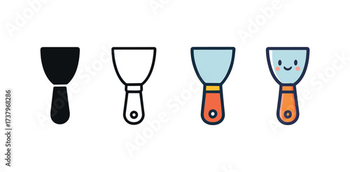 Vector icon putty knife four styles black solid glyph outline minimal flat multicolor filled cartoon flat shaded.