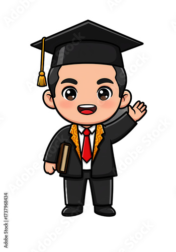 cartoon graduate waving hand, black suit, book clip art preview