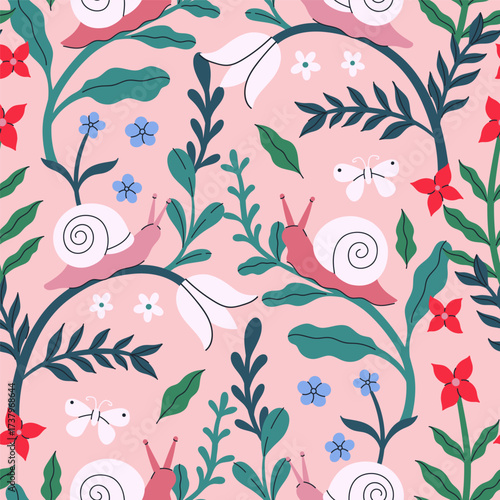Seamless pattern with snails and flowers. Vector graphics.