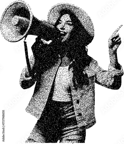 Woman in Hat with Megaphone and Pointing Finger, Stippled Illustration