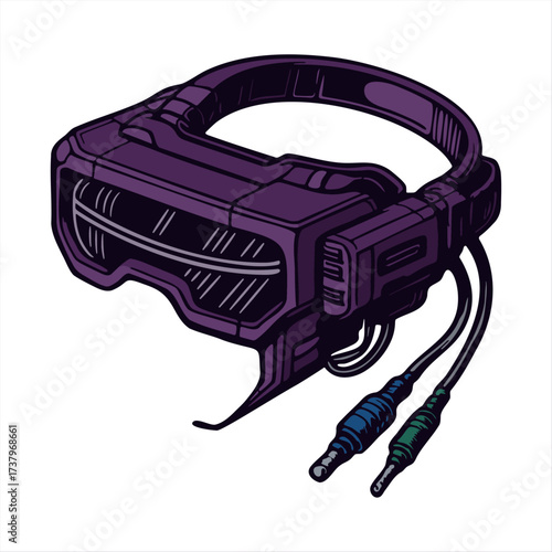 Futuristic cyberpunk virtual reality headset with detailed cables and bold design. Retro-styled high-tech VR goggles in dark violet, isolated on white background