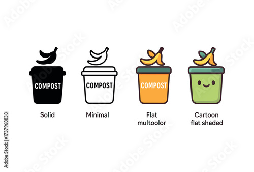 Vector icon compost bin four styles black solid glyph outline minimal flat multicolor filled cartoon flat shaded.