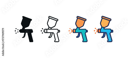 Vector icon paint spray gun four styles black solid glyph outline minimal flat multicolor filled cartoon flat shaded.