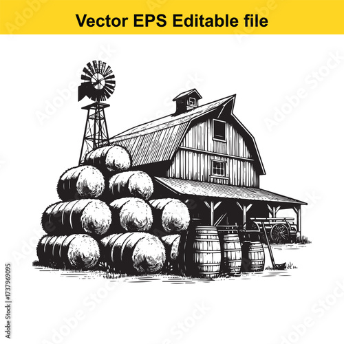 Vector art of farmhouse with hay bales and windmill