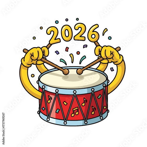 Cartoon hands holding drumsticks playing a red drum decorated with musical notes and confetti with the year 2026 displayed above New Year celebration holiday