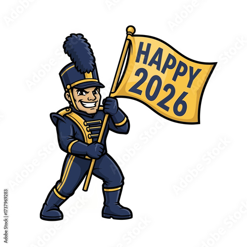 A cartoon marching band member in a blue and gold uniform holds a yellow flag displaying Happy 2026 celebration new year year parade music musician performer