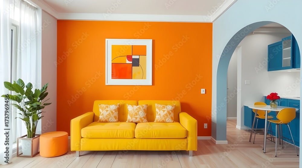 Fototapeta premium Vibrant ambiance with a yellow and orange living room, yellow sofa, and blue kitchen with arches. Perfect for modern interior design.
