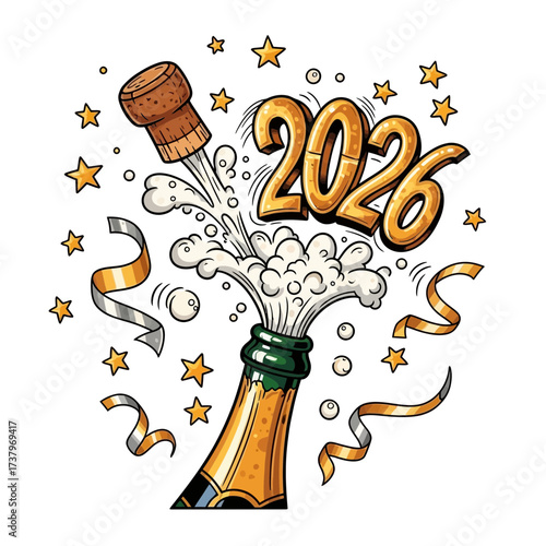 A celebratory champagne bottle erupts with bubbly foam scattering confetti and stars featuring the year 2026 prominently New Year celebration cork popping