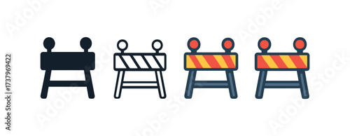 Vector icon construction barrier fence four styles black solid glyph outline minimal flat multicolor filled cartoon flat shaded.