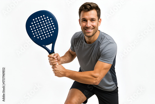 Athletic Caucasian Male Padel Player Smiling While Swinging Racket in Dynamic Sport Action