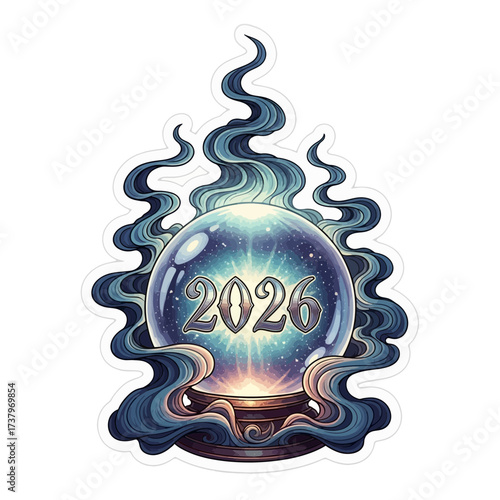 Mystical fortune telling crystal ball displaying the year 2026 surrounded by swirling blue smoke on a dark ornate stand with a bright light emanating from within